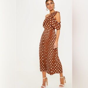 NWT CHOCOLATE POLKA DOT ONE SHOULDER RUFFLE DETAIL PLEATED MIDI DRESS | SZ 4